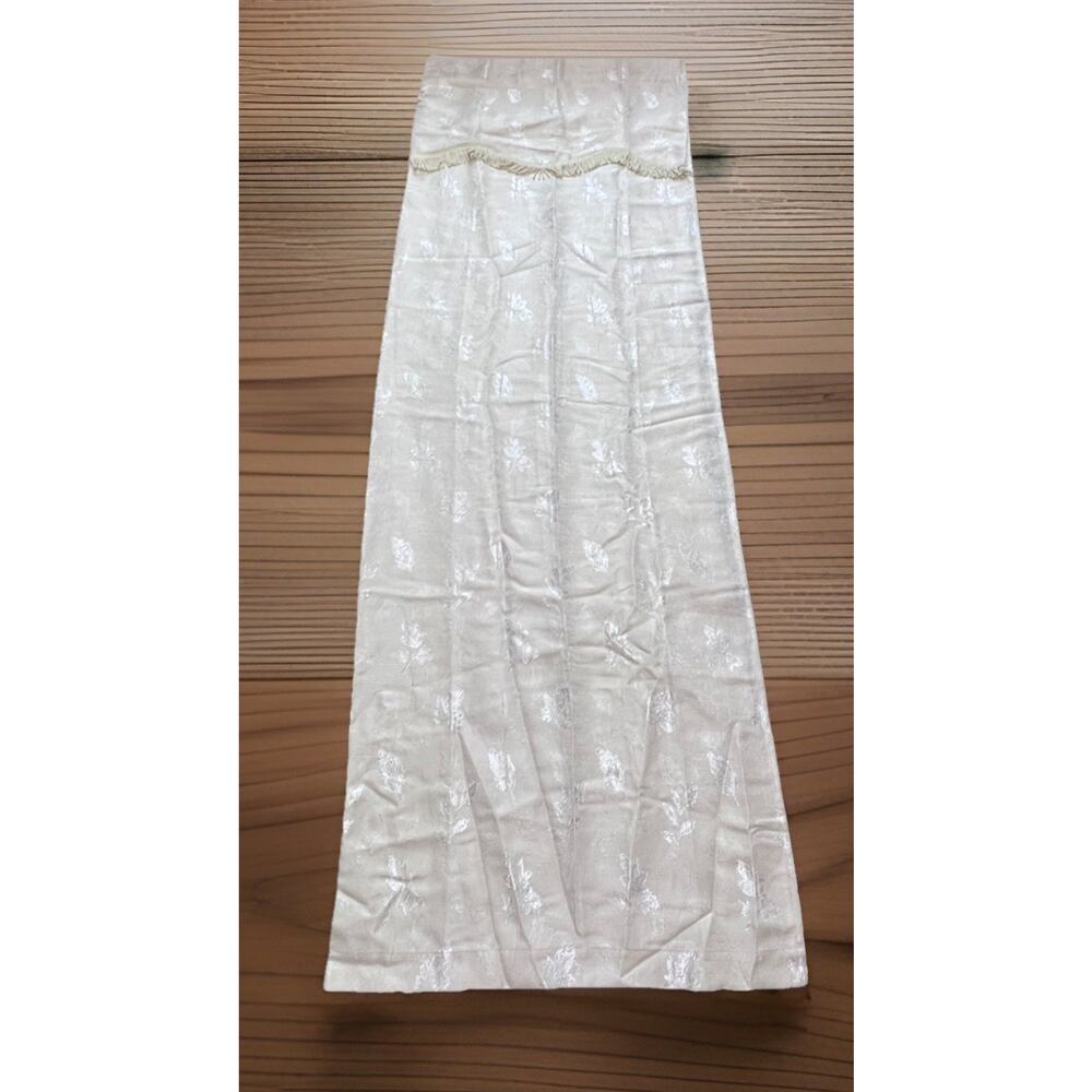 Vtg Damask Floral Jacquard 1 CURTAIN PANEL Ivory Beige attached Fringe Valance
